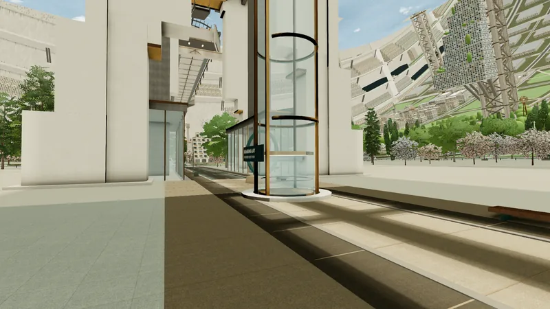 A broad plaza with a ring sculpture and the boarding lift entrance at the base of a tall tower.