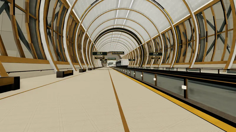 A bridge interior with a promenade, a guideway and shuttle, window bands and a distant pressure door.