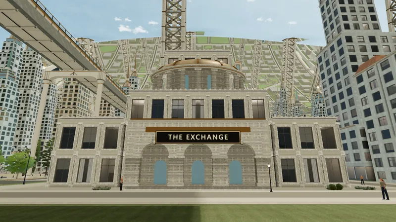 A domed stone market hall behind a columned portico with a name board, across a plaza in a dense civic quarter.