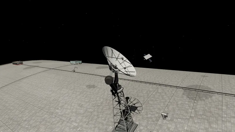 A large dish on a lattice tower with a turntable, a hut and small arrays on the hull.