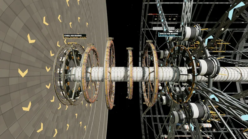 Two large hubs of opposed spin around a stationary spine, with bearing machinery between them.