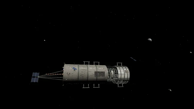 The station in the foreground with Earth and the Moon as small discs at their true apparent size.