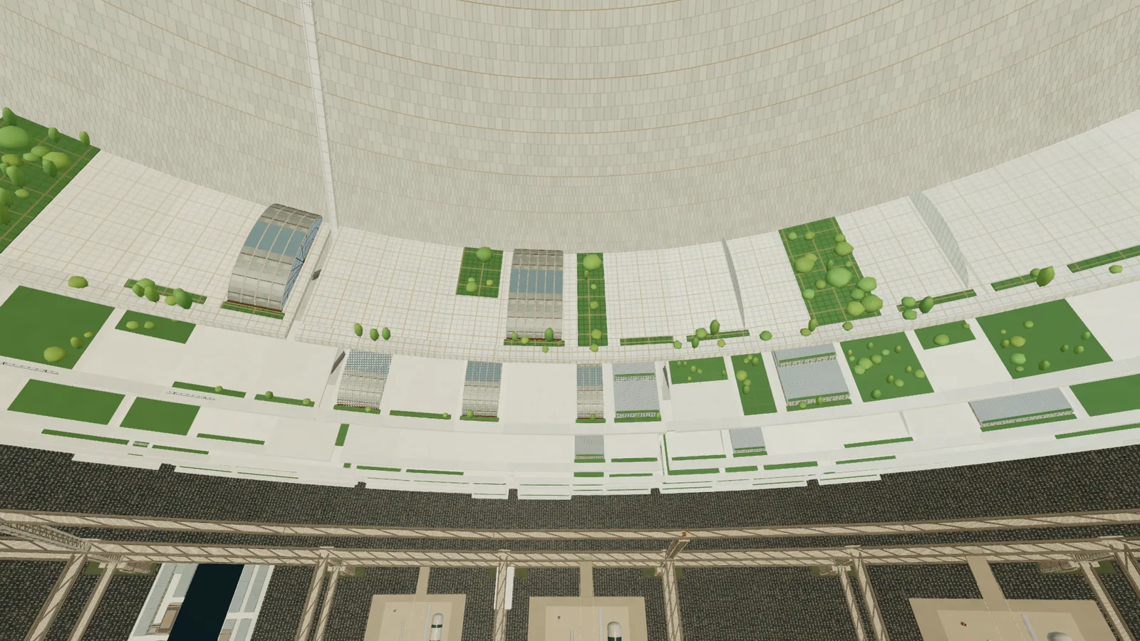 Concentric ledge rings with vaulted halls and gardens on a curved end wall, thinning toward the axis.