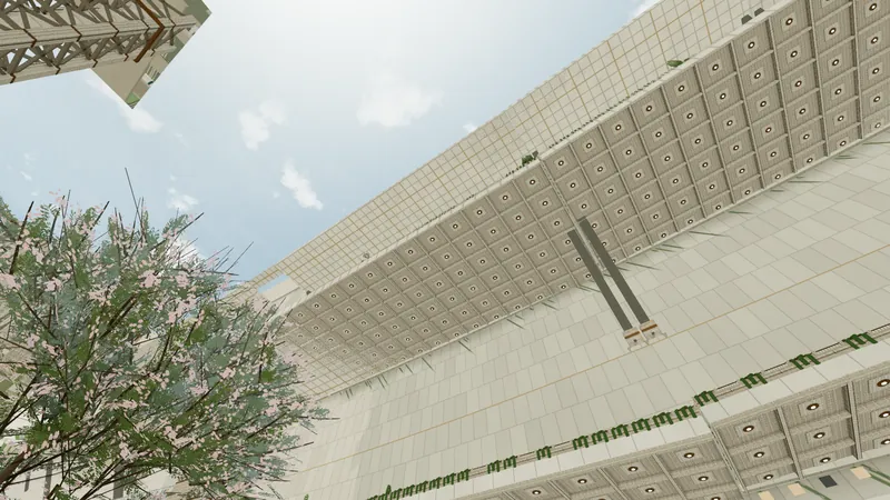 A planted cliff-like end wall with stepped ledges and struts above a train viaduct, rising toward the sky.