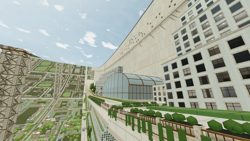 A terrace on a tall wall with a balustrade, trailing vines, a glazed hall and a train track above the city.
