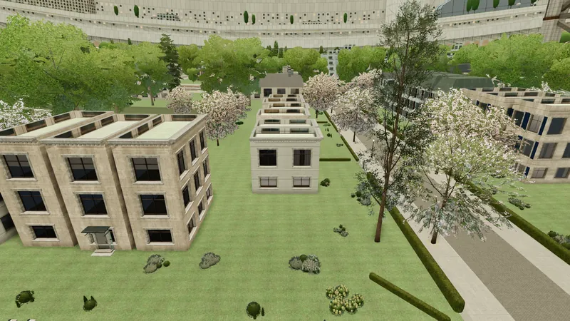 Detached villas on wide lawns with hedges and flowering trees, with the megaframe curving overhead in the distance.