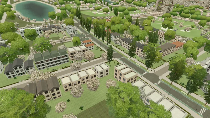A district of villas in gardens along a curving street seen from above, with a lake and parkland beyond.