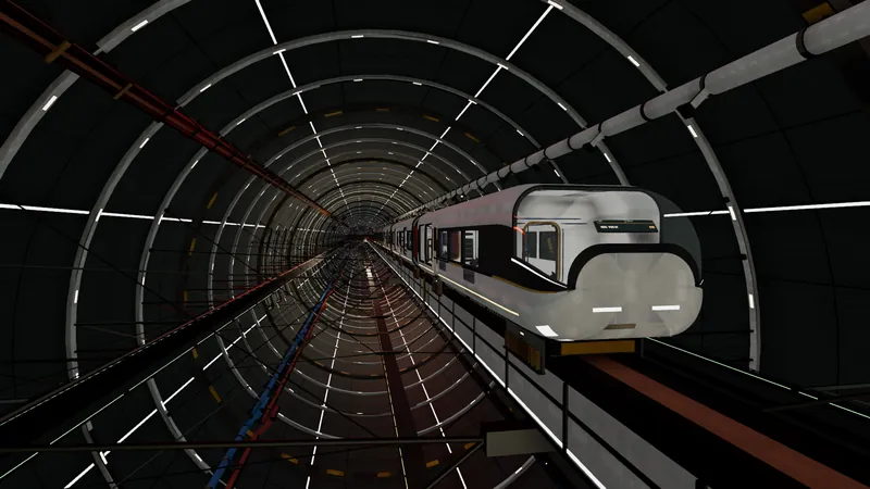 A five-car express on a guideway inside the spine, seen from ahead of the head car.