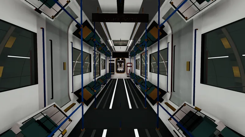 A car interior with restraint couches, grab rails, net lockers and a destination display above the door.