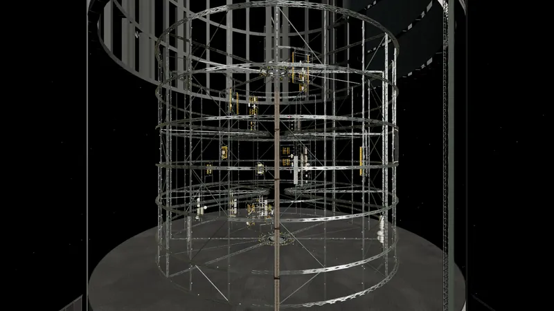 An open bay in a station shell revealing a rotating industrial truss with cargo and tanks.