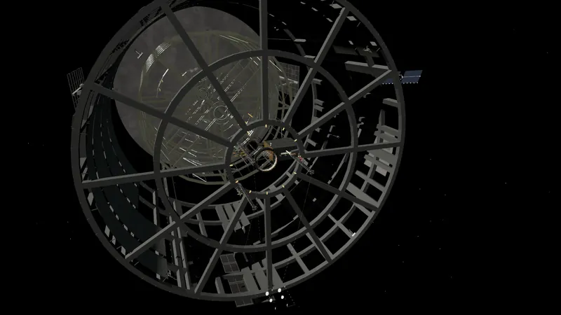 A huge circular port frame with spokes, pier rings and a terminal structure at its centre.
