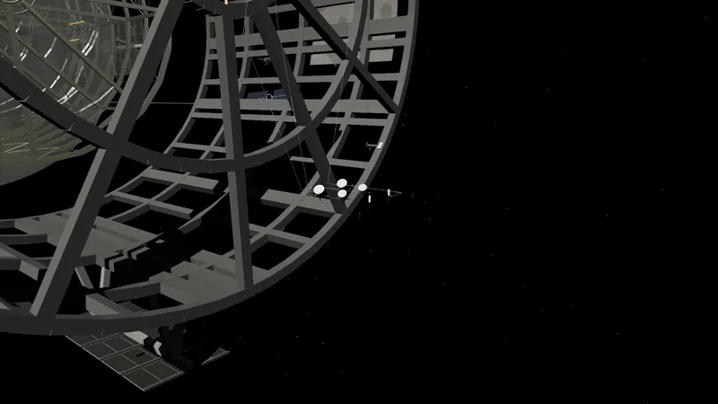 A cluster of foil-covered spherical tanks with sunshades, radiators and transfer lines on the outer face.