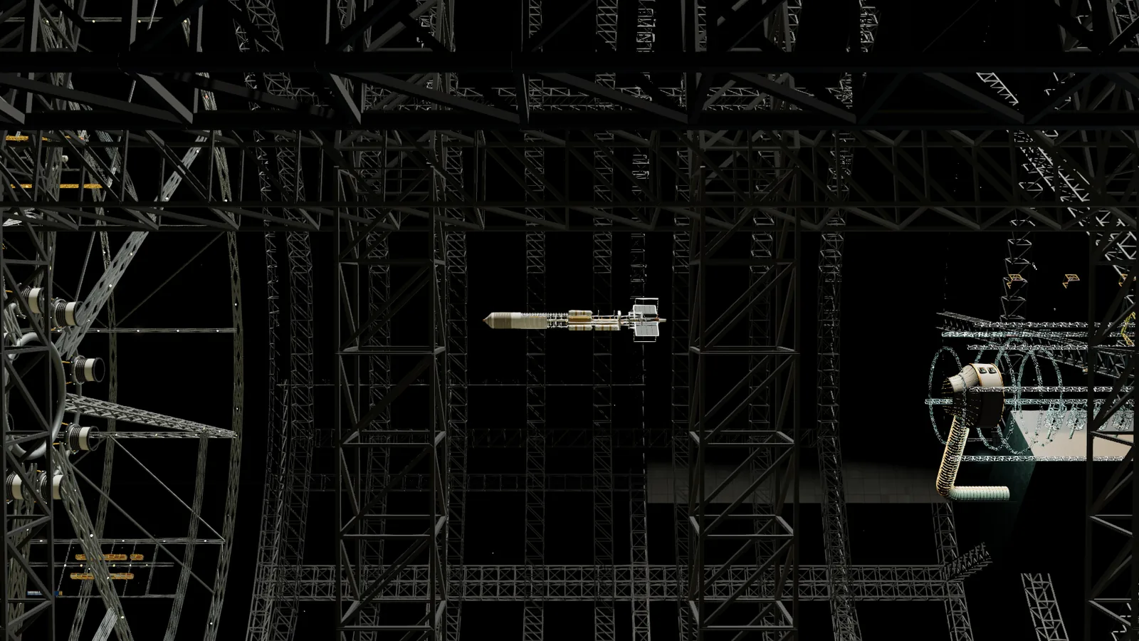 A view through a gridded cage of frames and ribs to a large spacecraft in a yard.
