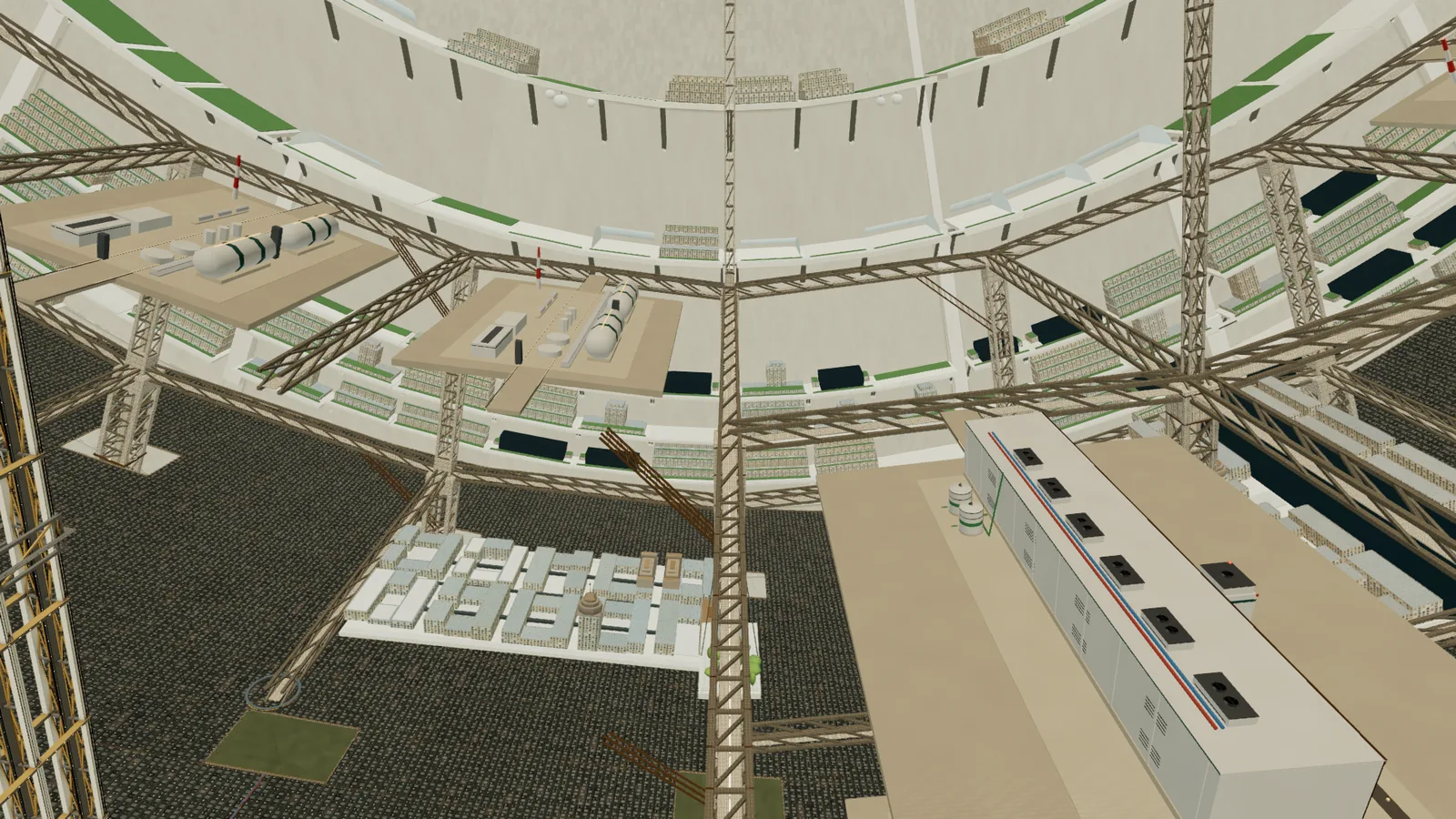 Glass-faced grow galleries glowing white and magenta beside tanks, pipework and air handlers high in the city.