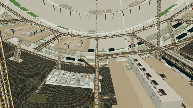 Glass-faced grow galleries glowing white and magenta beside tanks, pipework and air handlers high in the city.