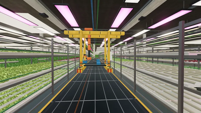 Racks of leafy crops under LED rigs along a long grow deck, with nutrient channels and a gantry above.
