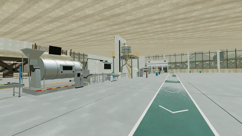 A belt line of crop totes passing a wash tunnel, an optical sorter and a weigher in a bright process hall.