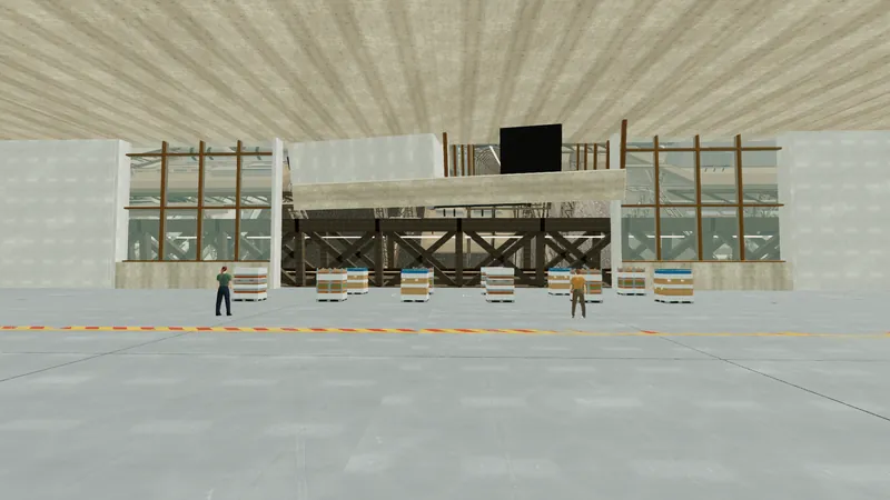 A loading dock with crates of salad, trays of bread, bottles and pallets being loaded onto freight pods.