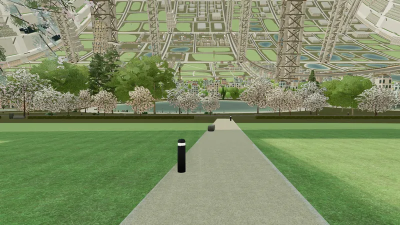 A grassy lakeside park with a path to the water, low housing on both sides and the distant city curving up.