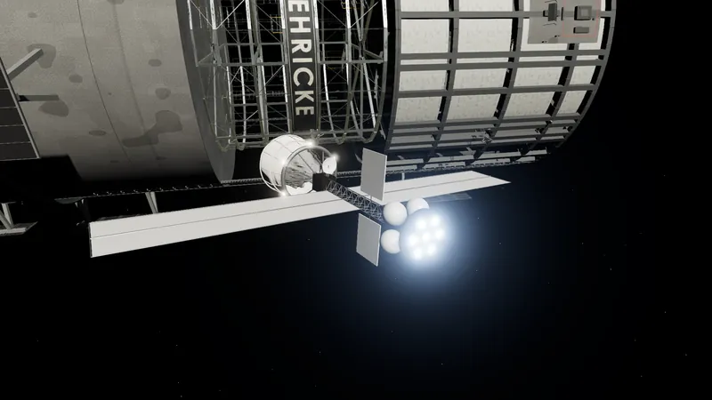 The hauler's thruster plate and propellant tanks in the foreground, the truss and solar wings running away toward the bag.