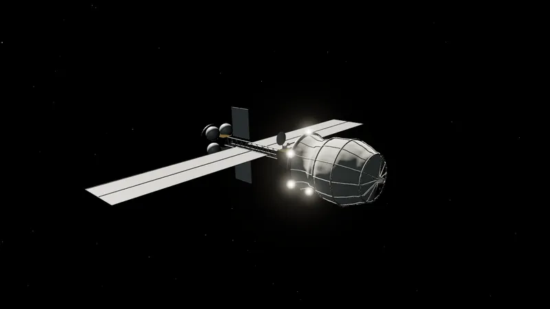A long truss with two solar wings and a thruster plate, towing a metal asteroid cinched in a net bag, against black space.