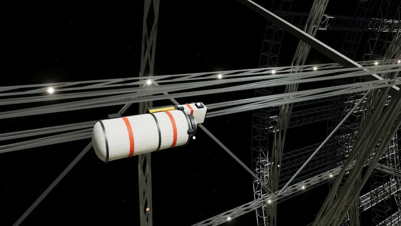 A cargo tug carrying a white pod with orange bands along a rail, with the lattice trusses of the industrial rotor around it.