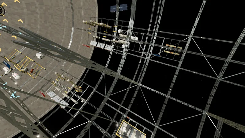 A wide open truss frame with cargo racks, spherical tanks and robots in a rotating industrial structure.