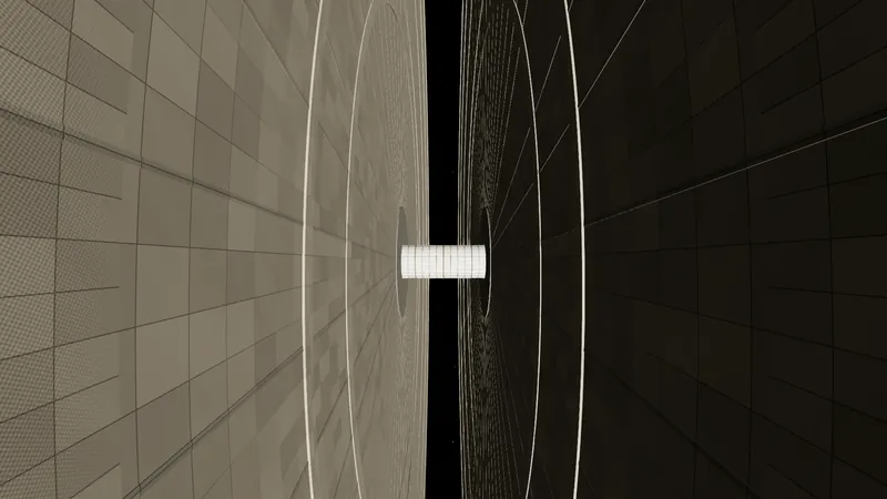A vacuum gap between two huge rotor ends with bearings, service frames and connections visible.