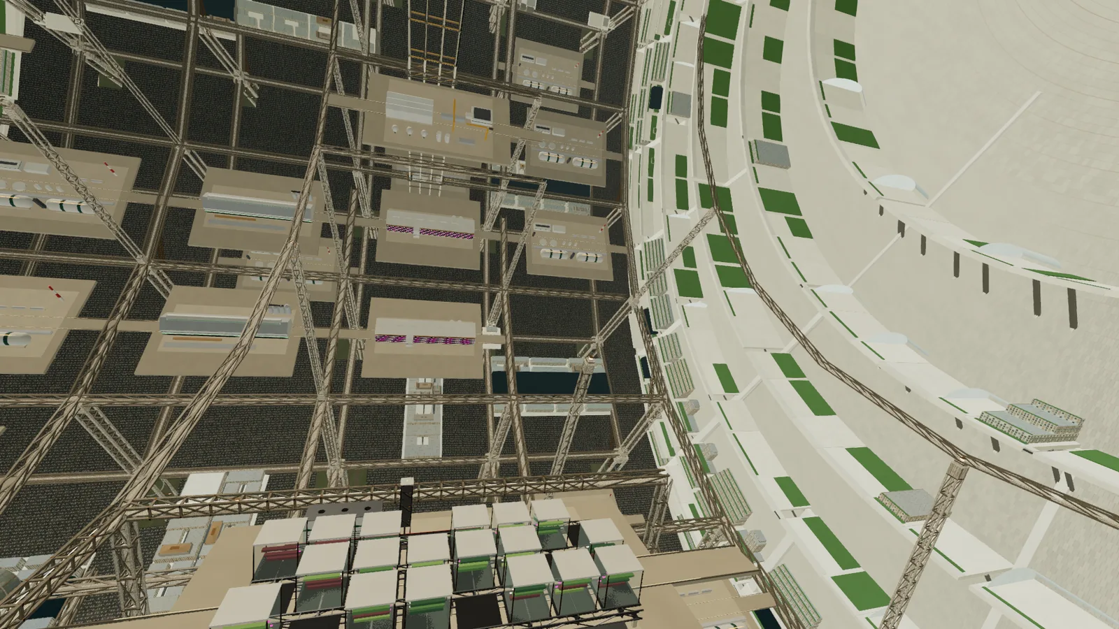 A tall open atrium of long-span steel framing with sparse process facilities and hazy air above a city below.