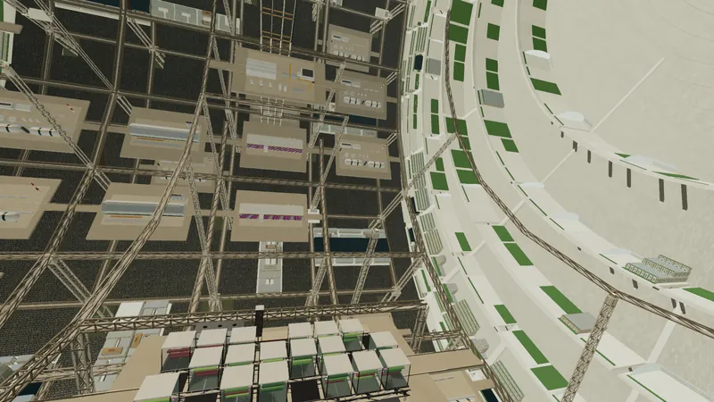 A tall open atrium of long-span steel framing with sparse process facilities and hazy air above a city below.