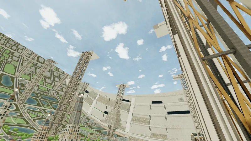 A massive structural rib rising out of a groundside neighborhood, with houses and streets at its feet.