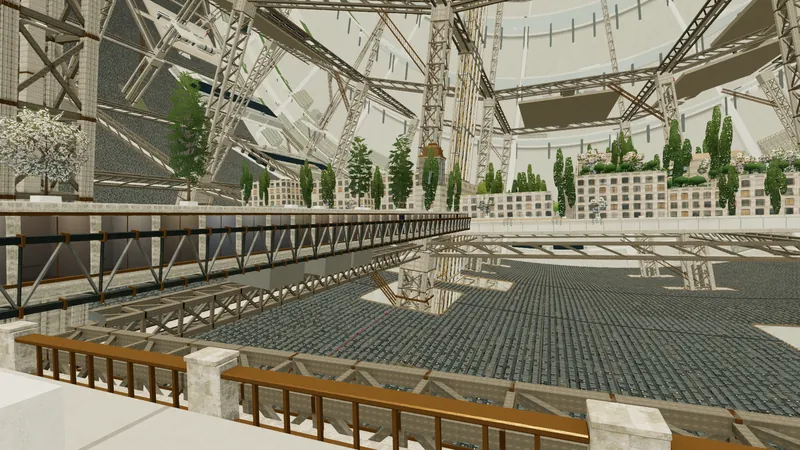 A raised plate district with a balustrade, planters, block rows and a truss bridge, and the opposite city overhead.