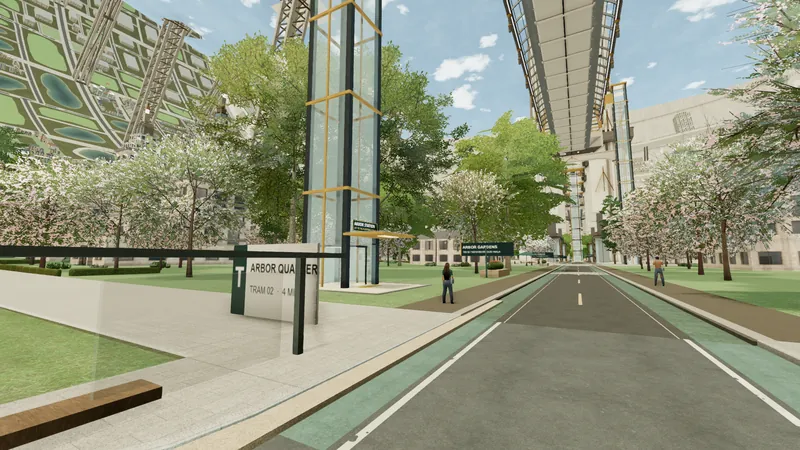 A glass lift tower with a canopy at the street door and a long shaft rising to a viaduct above.