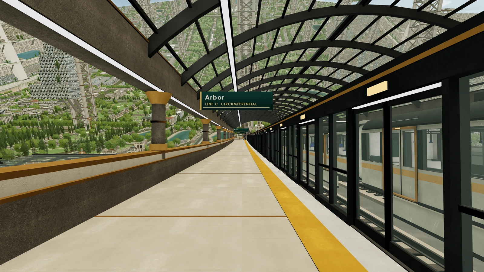 A raised metro platform with screen doors, a canopy and a train set standing at the platform.