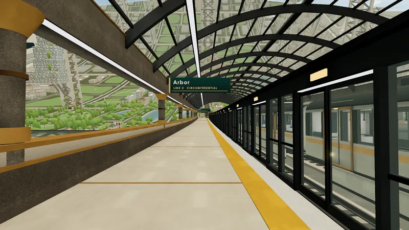 A raised metro platform with screen doors, a canopy and a train set standing at the platform.