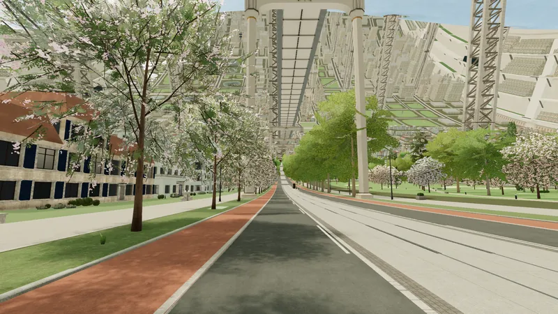 A street at eye height with an elevated viaduct on portals overhead and the line running away along it.