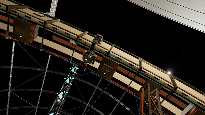 The underside of a massive spinning ring in its housing, with stators, bearings and coolant pipes.