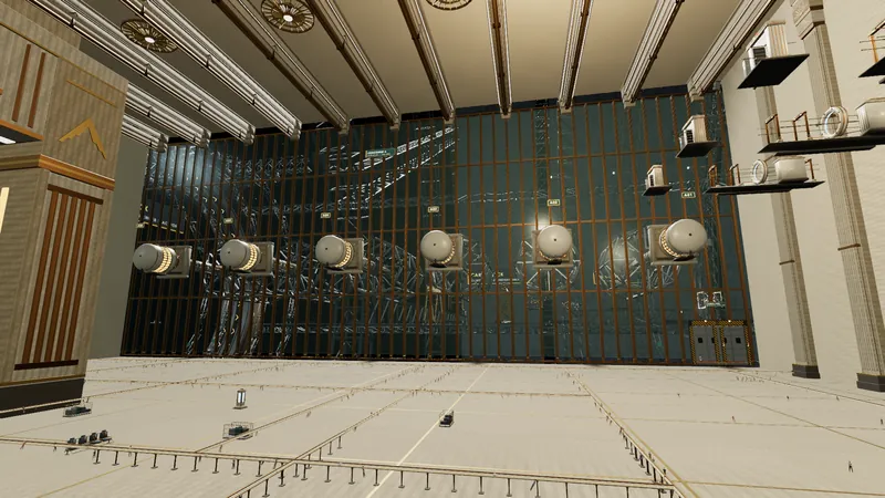 A large terminal hall in zero gravity with signage, public structure and docking bays beyond.