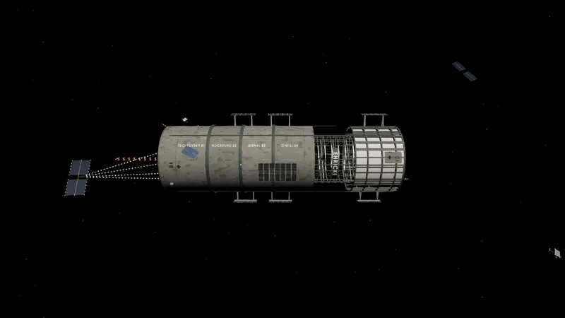 A huge armoured station receding behind a departing craft against black space.