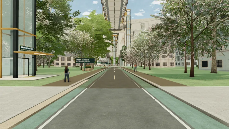 A quiet residential street with low buildings, trees and paving, lit by an even daylight.
