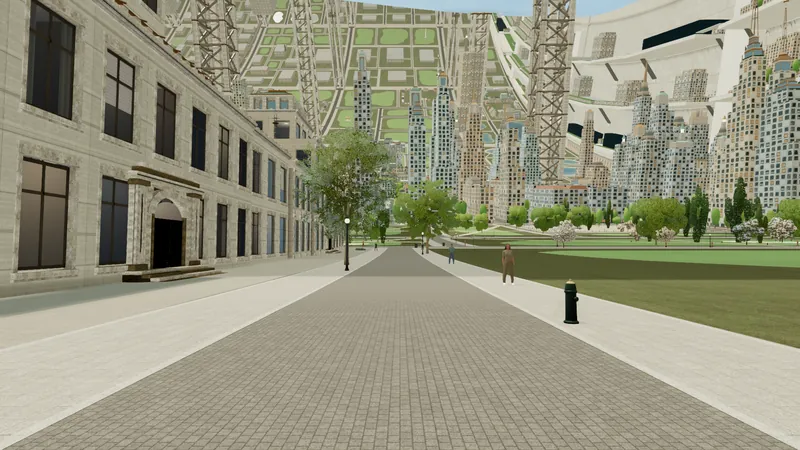 A paved street with a stately stone frontage on the left, a green square ahead and a tower district on the horizon.