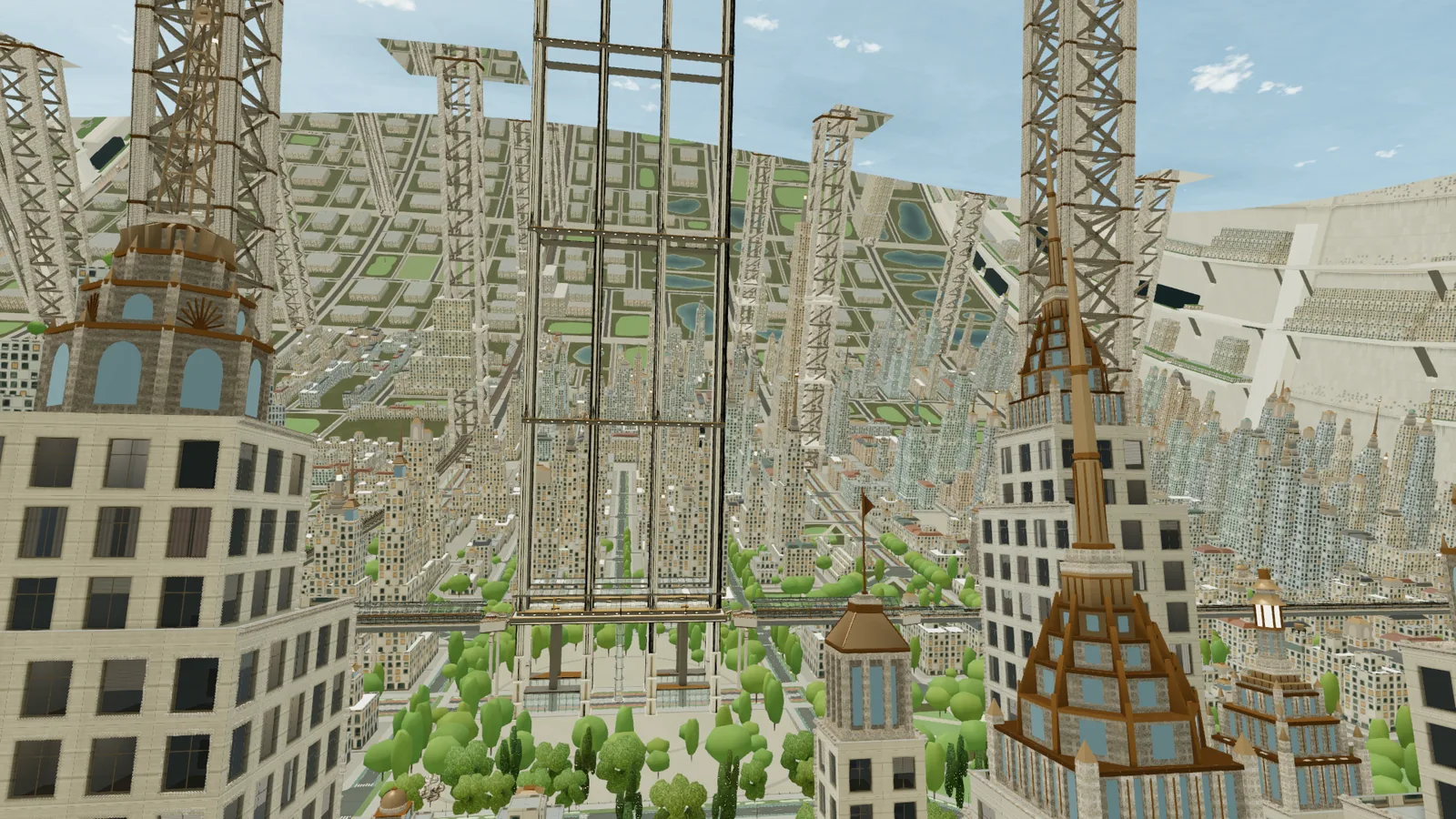 Copper-crowned towers and spires seen from above, with megaframe ribs and the far side of the curved world beyond.