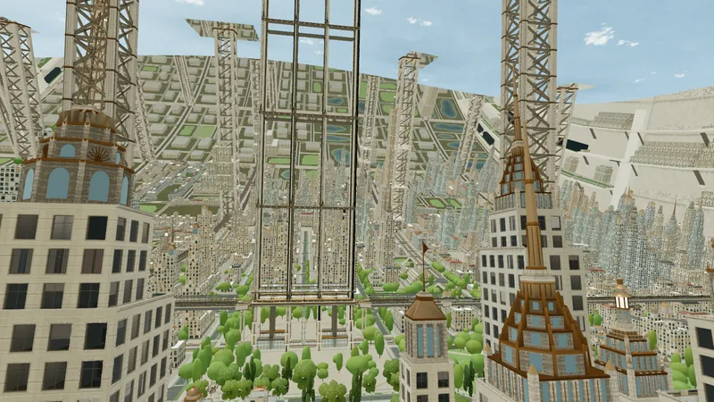 Copper-crowned towers and spires seen from above, with megaframe ribs and the far side of the curved world beyond.