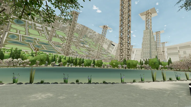A lakeside promenade with reeds and a bench at the water and the plan of the upper city hanging overhead.