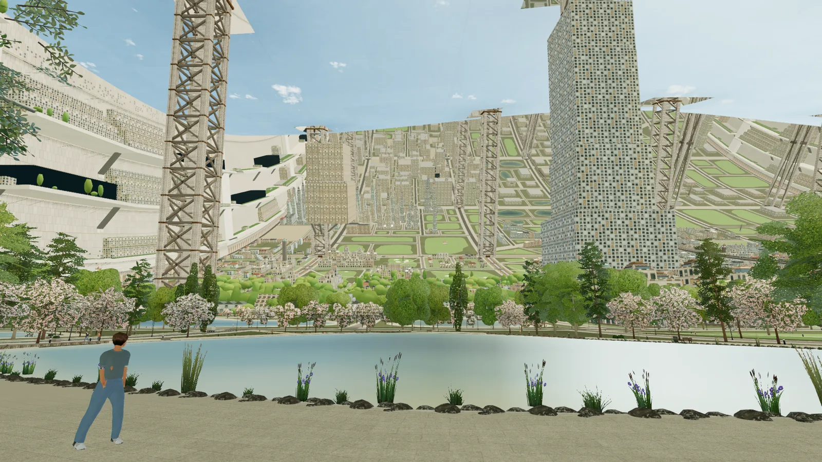 A lakeside path with a resident walking, towers across the water and the upper city overhead.