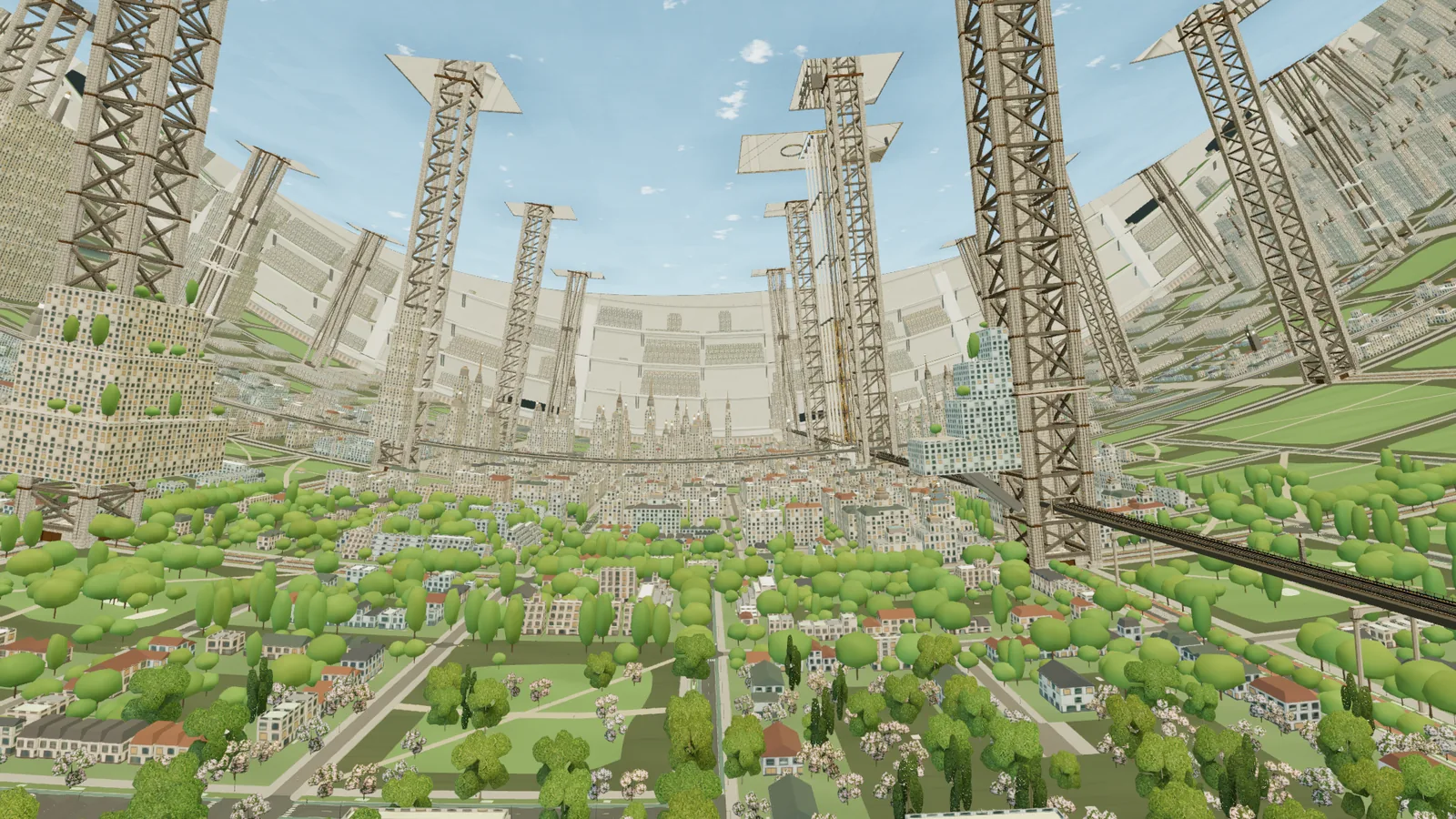 A wide aerial view along the rotor: parkland and blocks below, megaframe towers and the curved city rising ahead.