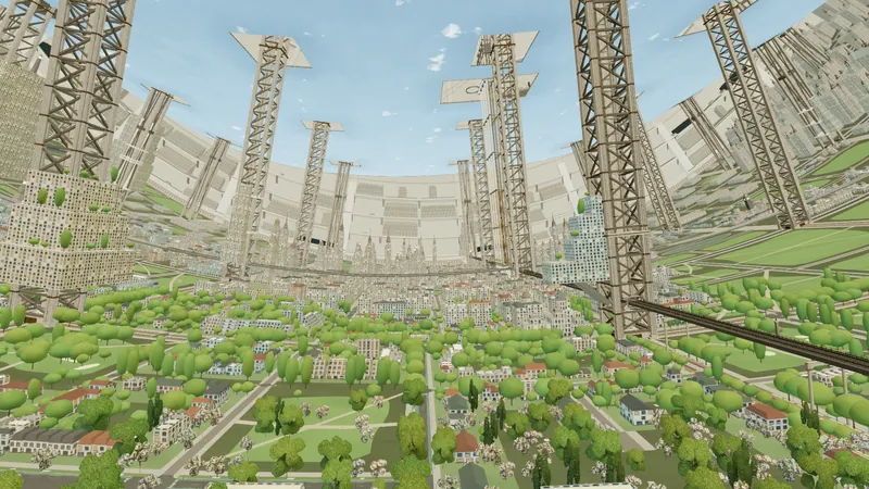 A wide aerial view along the rotor: parkland and blocks below, megaframe towers and the curved city rising ahead.