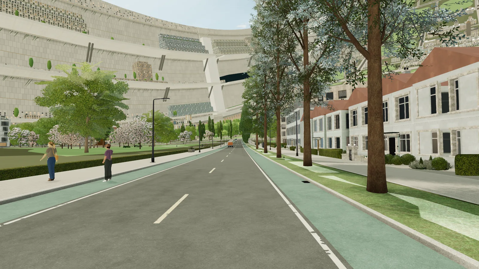 A mid-rise street with a bike lane, terraced frontages and the city curving up into the distance.
