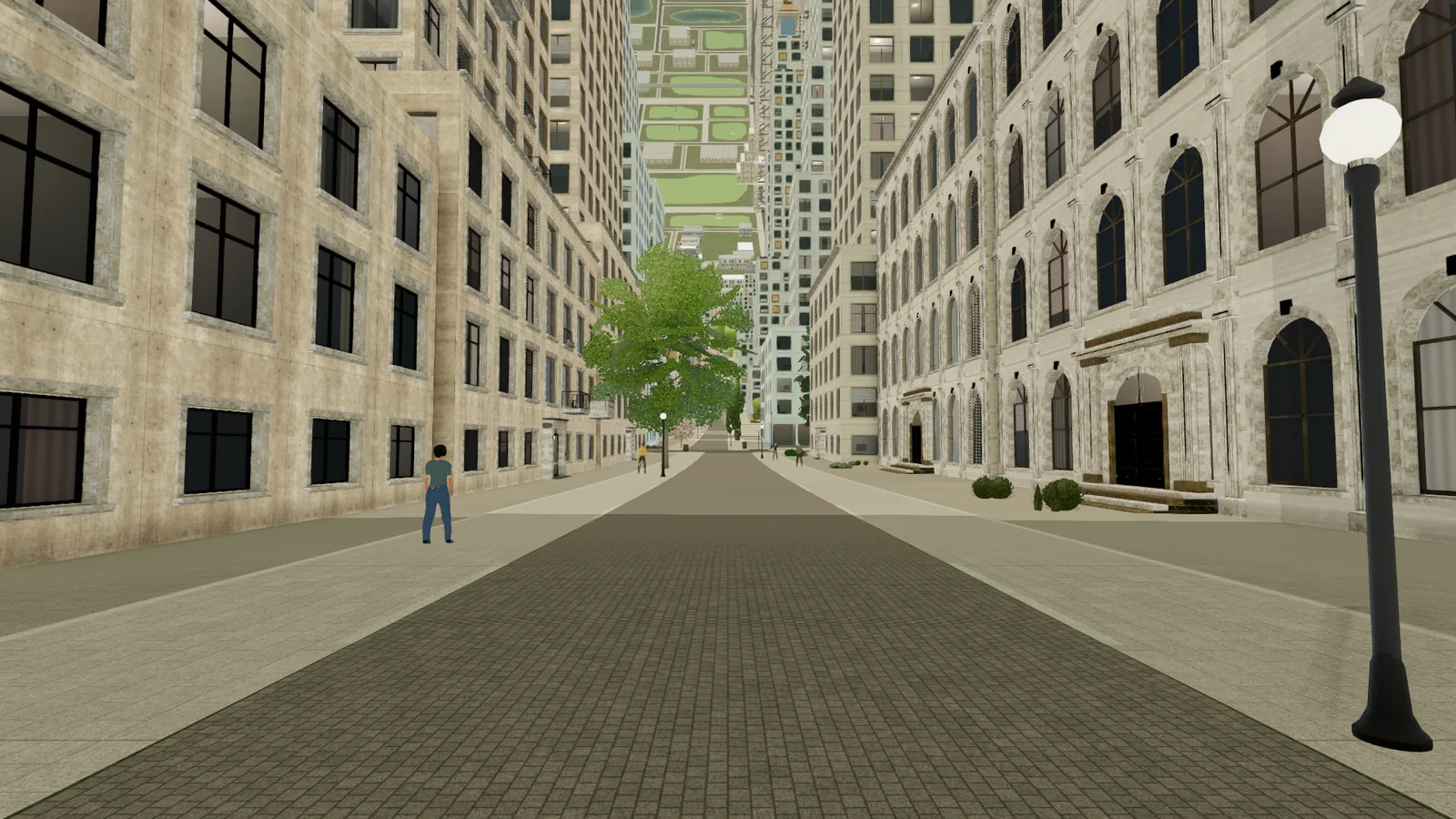 A narrow street between tall arched stone frontages running into the dense center of a district.