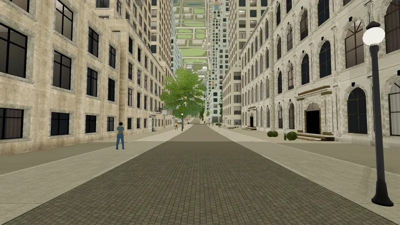 A narrow street between tall arched stone frontages running into the dense center of a district.